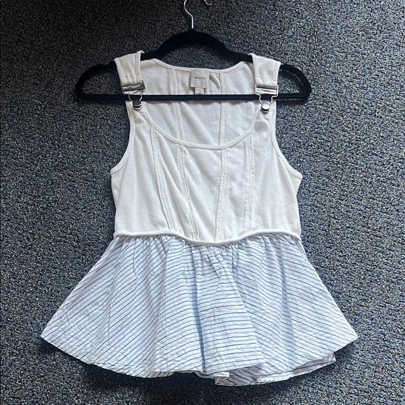 Maeve Tops - Maeve White Tank with Light Blue Striped Peplum
